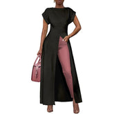 XXL Plus size high split long summer dress Solid color short sleeve casual loose dress Elegant streetwear robe femme